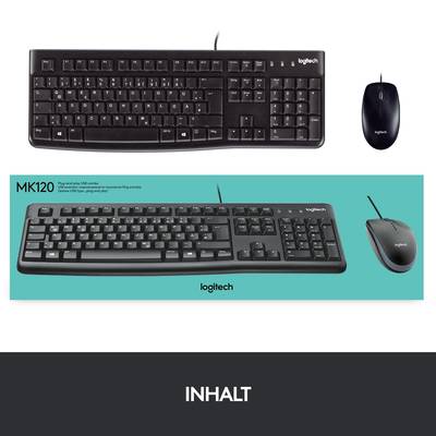Das Bild zeigt eine Logitech Tastatur und Maus mit der Modellnummer MK120. Beide sind in Schwarz dargestellt.