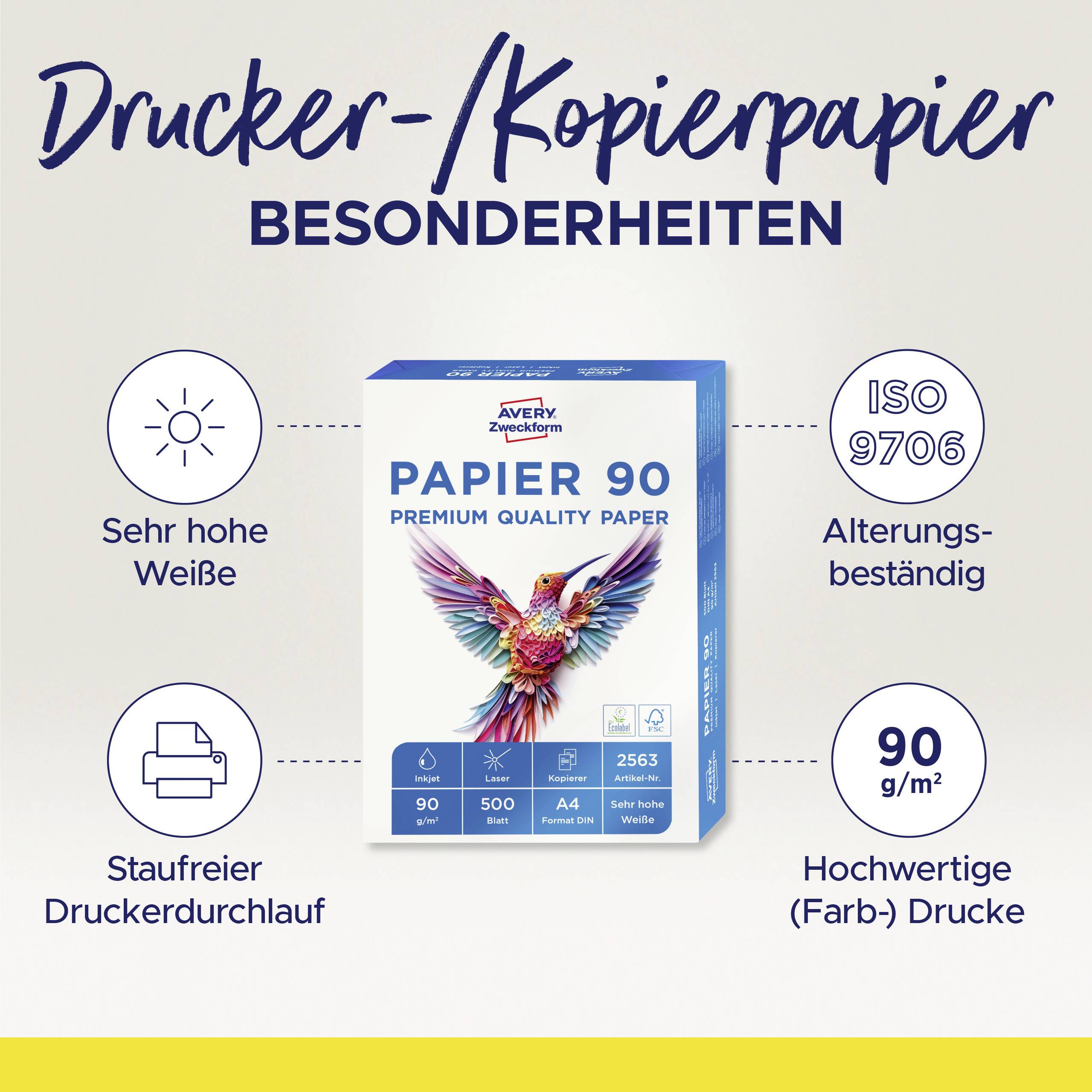 'Drucker-/Kopierpapier' mit hoher Weiße, langlebig gemäß ISO 9706, 90 g/m². Geeignet für Farbdruck; Packung zeigt ein buntes Vogelmotiv.