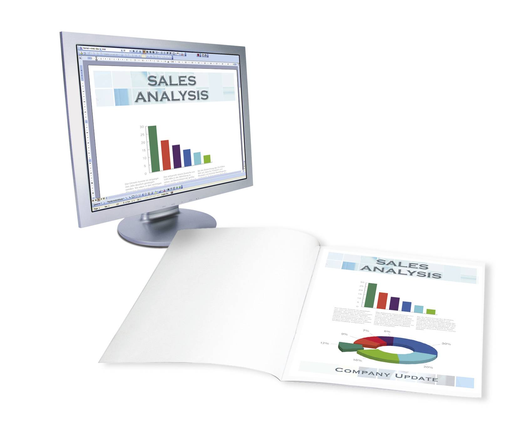 Ein Computerbildschirm zeigt eine Grafik 'Sales Analysis' mit Balkendiagramm. Ein offenes Heft darunter zeigt ein Tortendiagramm.