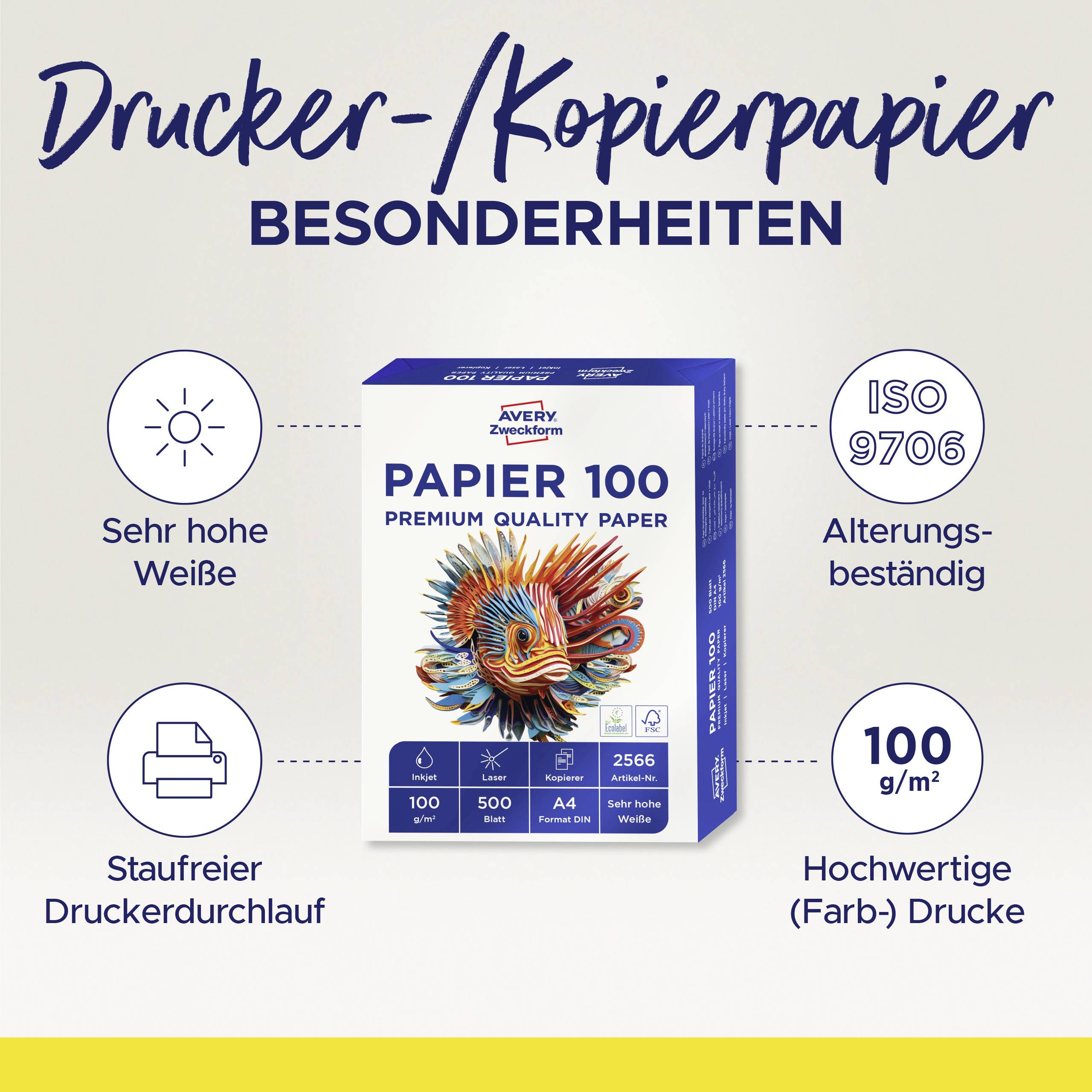 'Premium Quality 100' Kopierpapier. Eigenschaften: Sehr hohe Weiße, alterungsbeständig gemäß ISO 9706, 100 g/m², hochwertiger Druck.