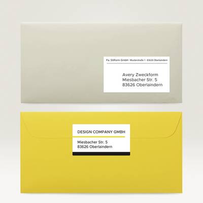 Zwei Umschläge mit Adressaufklebern, einer weiß mit 'Fa. Stiftform GmbH' und einer gelb mit 'DESIGN COMPANY GMBH'. Beide Adressen in Oberländern.