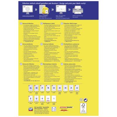'Etiketten einfach schnell gestalten und drucken.' Gelbes Poster mit Informationen zu verschiedenen Etikettentypen und Anweisungen.