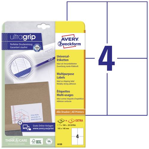 Avery-Zweckform 6120 Universal-Etiketten 105 x 148 mm Papier Weiß 120 St. Permanent haftend Tintenstrahldrucker, Laserdr...