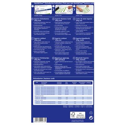 Blaues Werbefaltblatt für QuickClean-Visitenkarten zum Ausdrucken, mit drei Muster-Kartendesigns und mehrsprachigen Produktdetails, mit einer Preis-/Spezifikationstabelle und FSC-Recycling-Logos am unteren Ende.