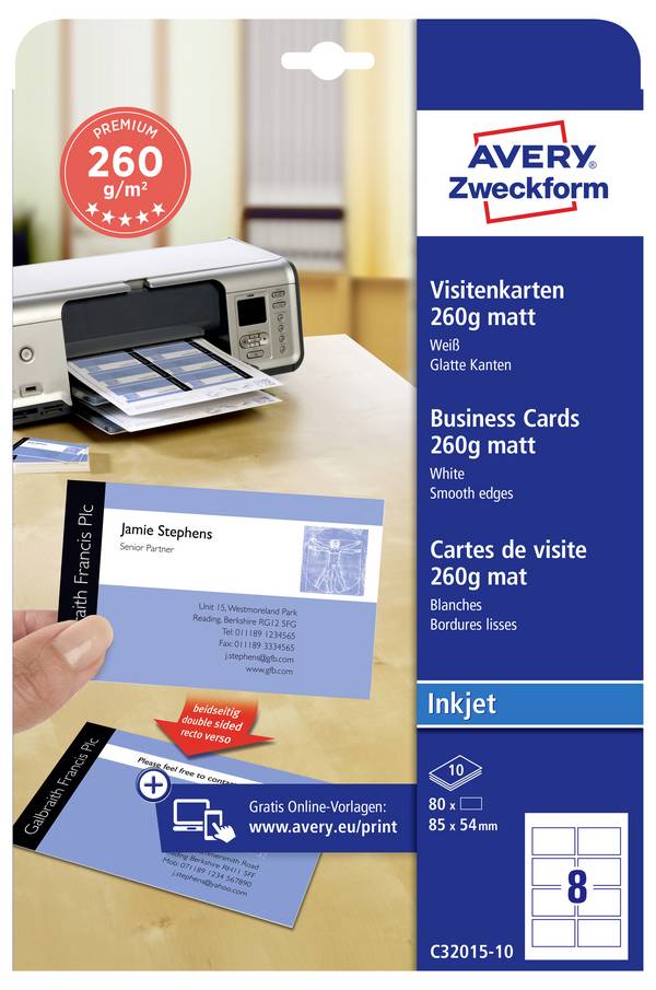 Avery-Zweckform C32015-10 Bedruckbare Visitenkarten, glatte Kanten 85 x 54 mm Weiß 80 St. Papierformat: DIN A4