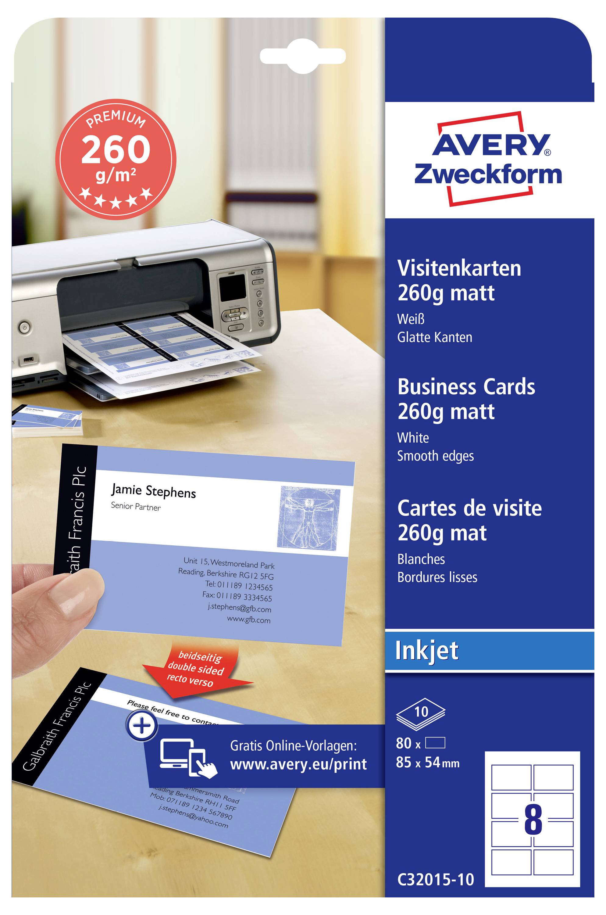 Avery Zweckform 260 g/m² matte Visitenkarten für Tintenstrahldrucker, mit Muster bedruckten Karten, 8 pro Blatt, 85 x 54 mm.