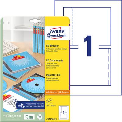 Avery-Zweckform C32250-25 CD-Einleger   Weiß 25 St.  Tintenstrahldrucker, Laserdrucker, Farblaserdrucker, Kopierer