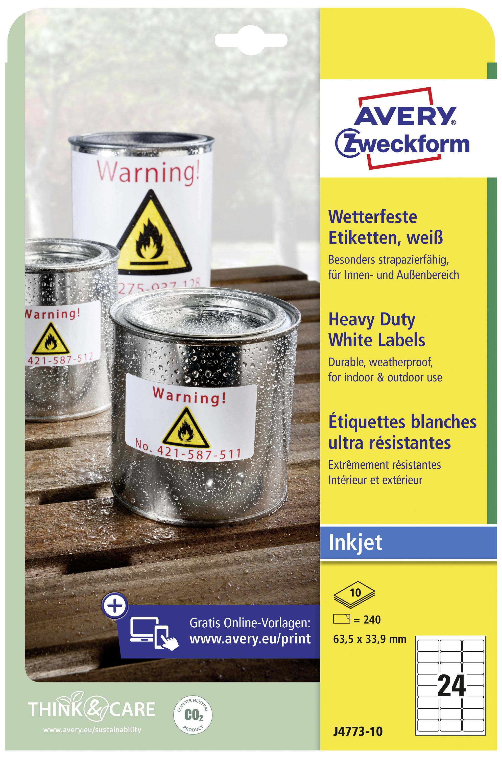 'Produktverpackung für wetterfeste Etiketten. Abgebildet sind Dosen mit Warnaufklebern. Für Inkjet-Drucker, 63,5 x 33,9 mm.'