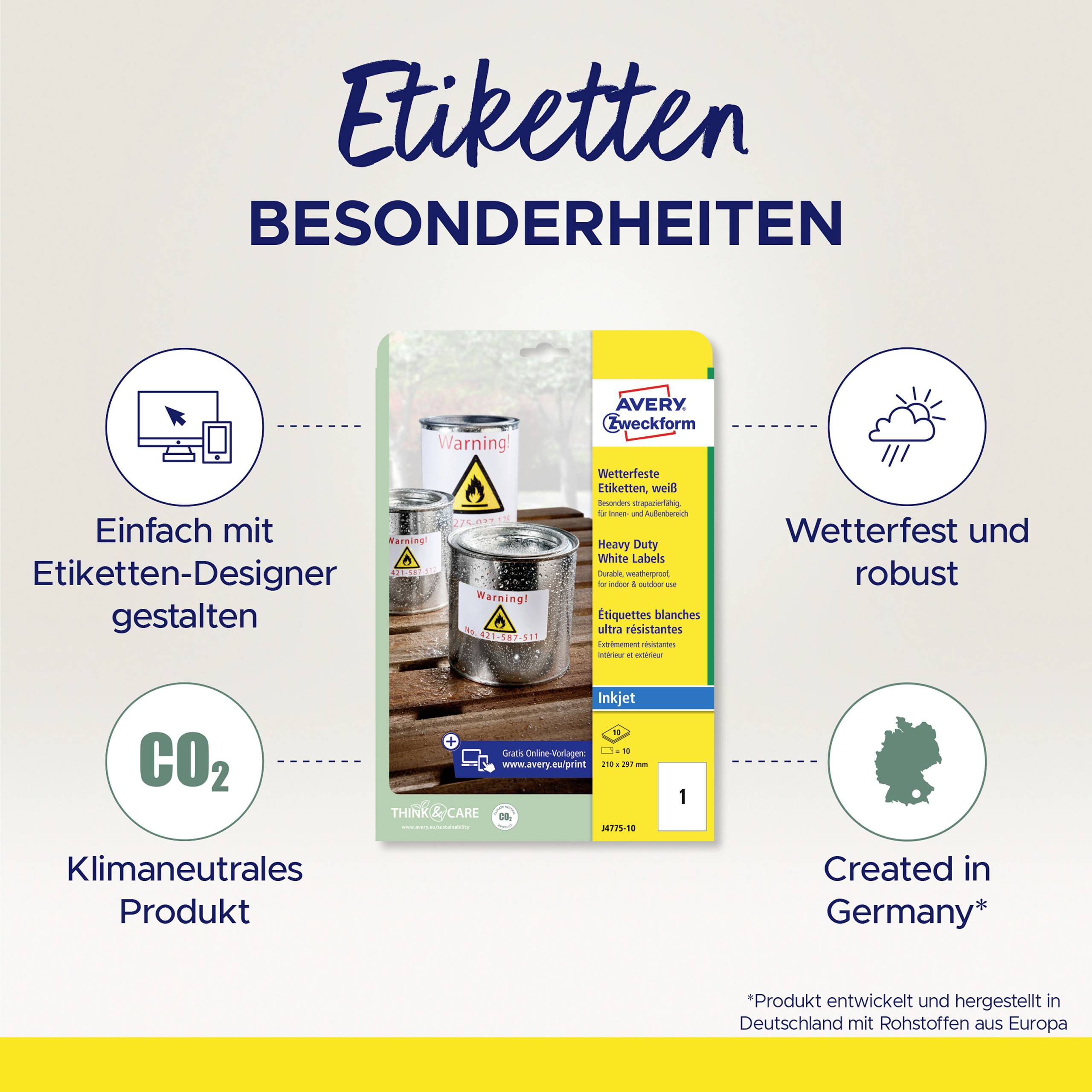 Etikettenfolie von Avery Zweckform, wetterfest und robust, geeignet für Inkjet-Drucker. Klimaneutrales Produkt, hergestellt in Deutschland.
