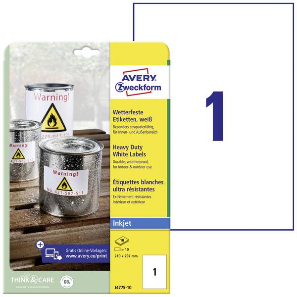 Avery-Zweckform J4775-10 Folien-Etiketten 210 x 297 mm Polyester-Folie Weiß 10 St. Permanent haftend Tintenstrahldrucker, Handbeschriftung