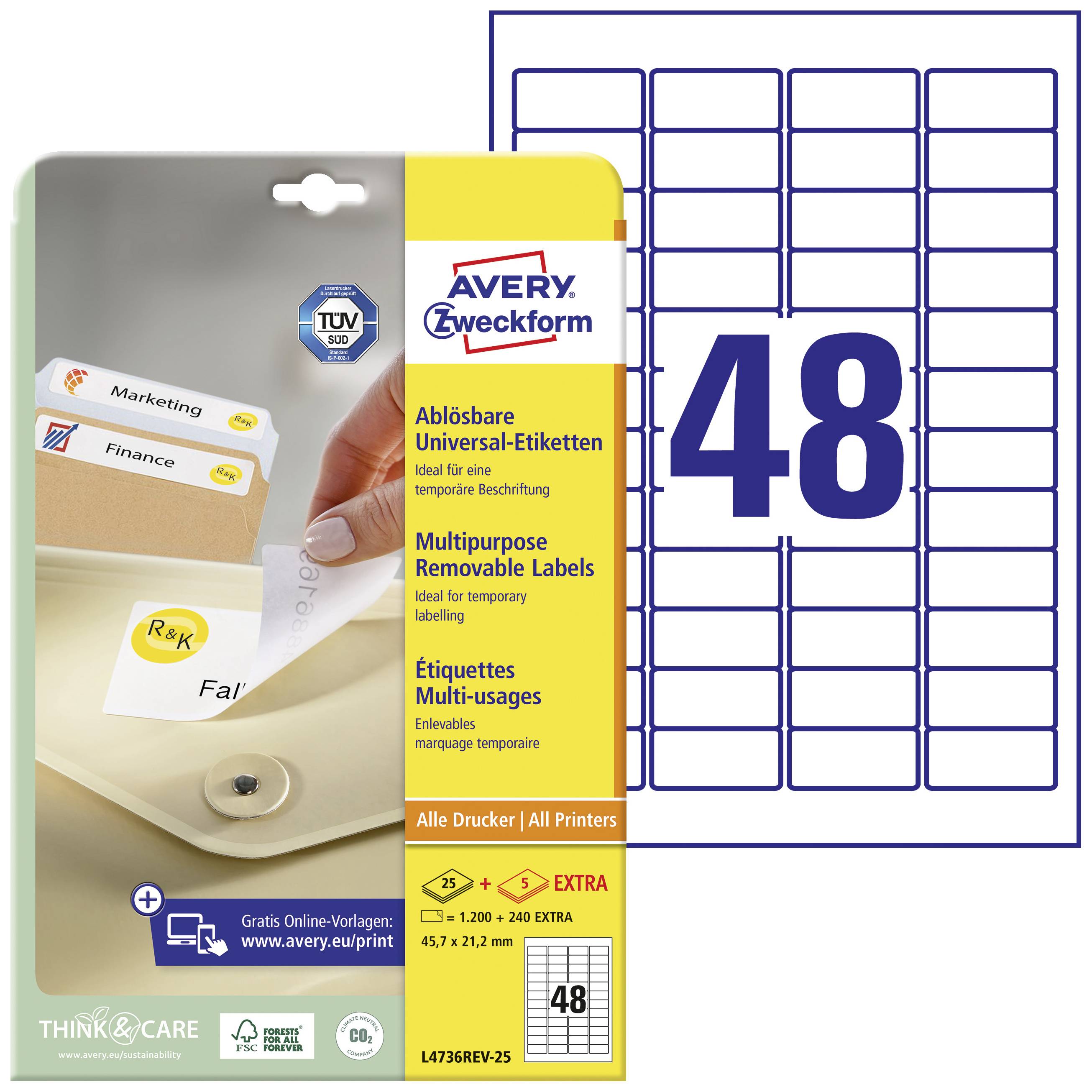 Avery Zweckform wieder ablösbare Etiketten L4736REV-25, 45,7 x 21,2 mm, 1200 Etiketten, weiß