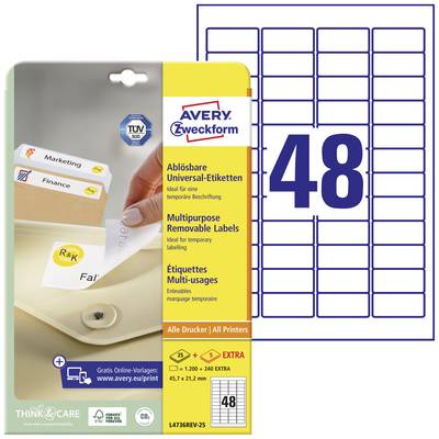 Avery-Zweckform L4736REV-25 Universal-Etiketten 45.7 x 21.2 mm Papier Weiß 1440 St. Wiederablösbar Tintenstrahldrucker, 