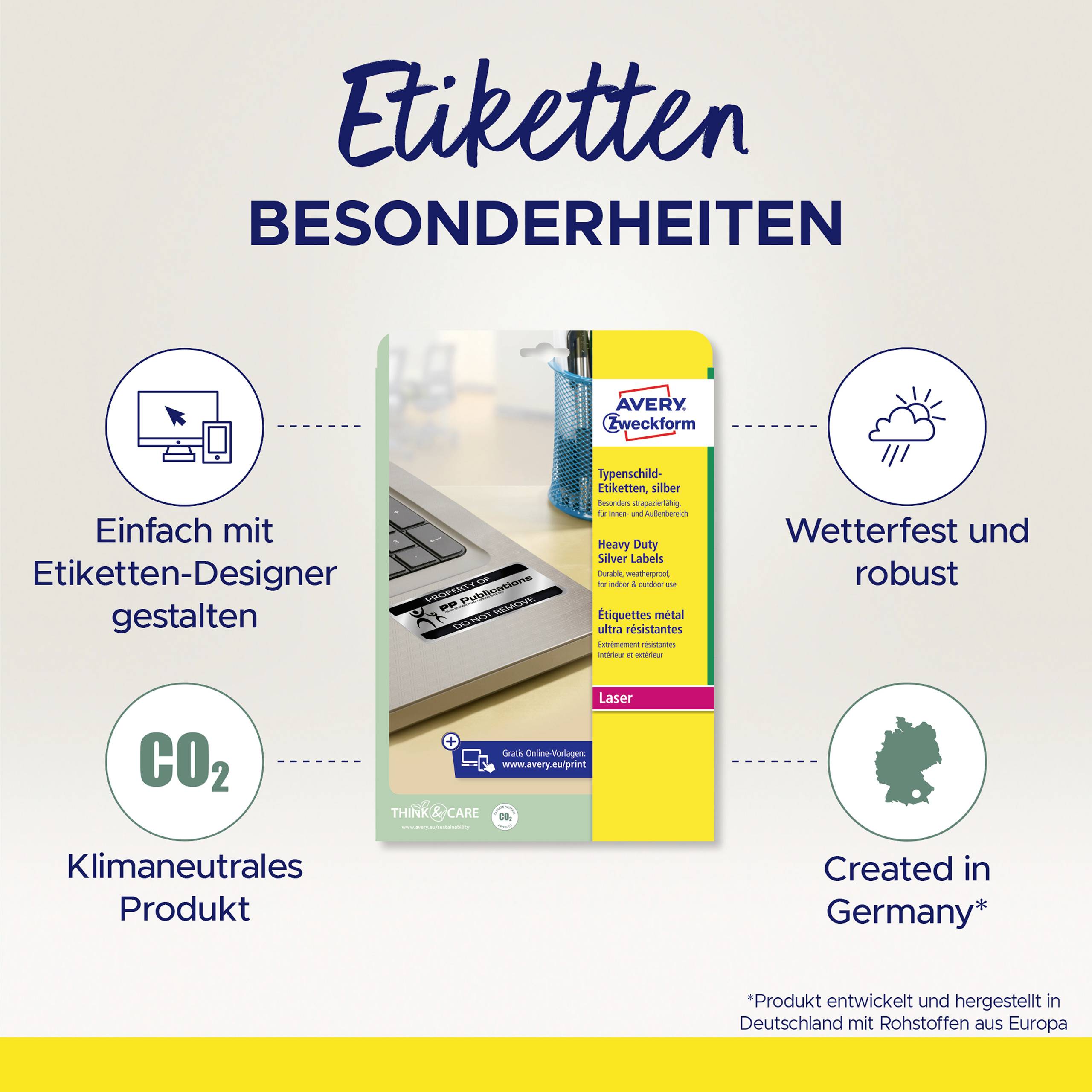 'Etiketten Besonderheiten' zeigt wetterfeste, robuste Etiketten, klimaneutral und in Deutschland hergestellt. Einfacher Etikettendesign.