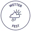 Das Bild zeigt ein Symbol mit einer Wolke und Regen, das von Sonnenstrahlen durchdrungen wird. Darüber steht 'Wetter fest' in einem Kreis.