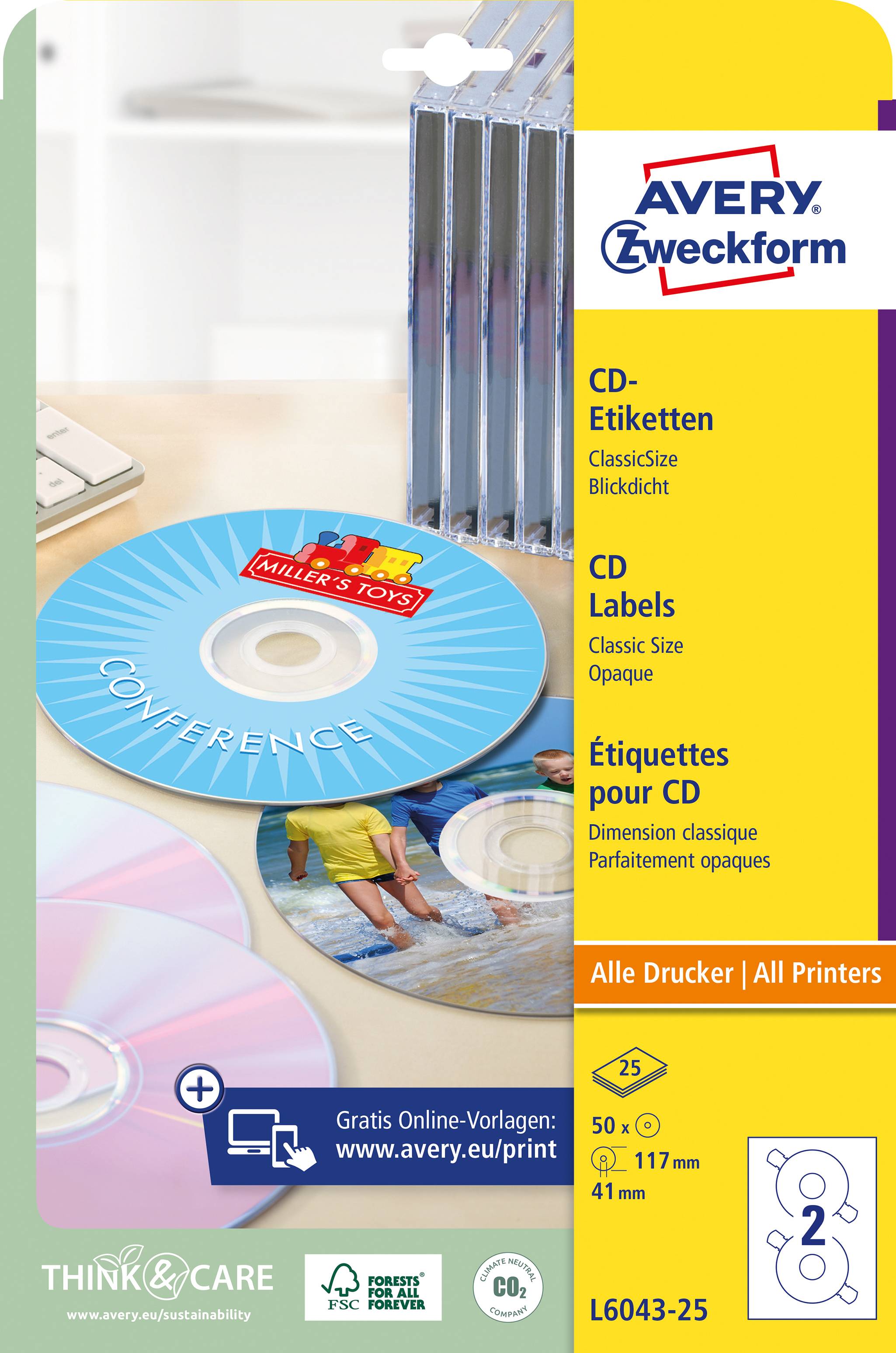 Avery-Zweckform L6043-25 CD-Etiketten Ø 117 mm Papier Weiß 50 St. Permanent haftend Tintenstrahldrucker, Laserdrucker, F-2