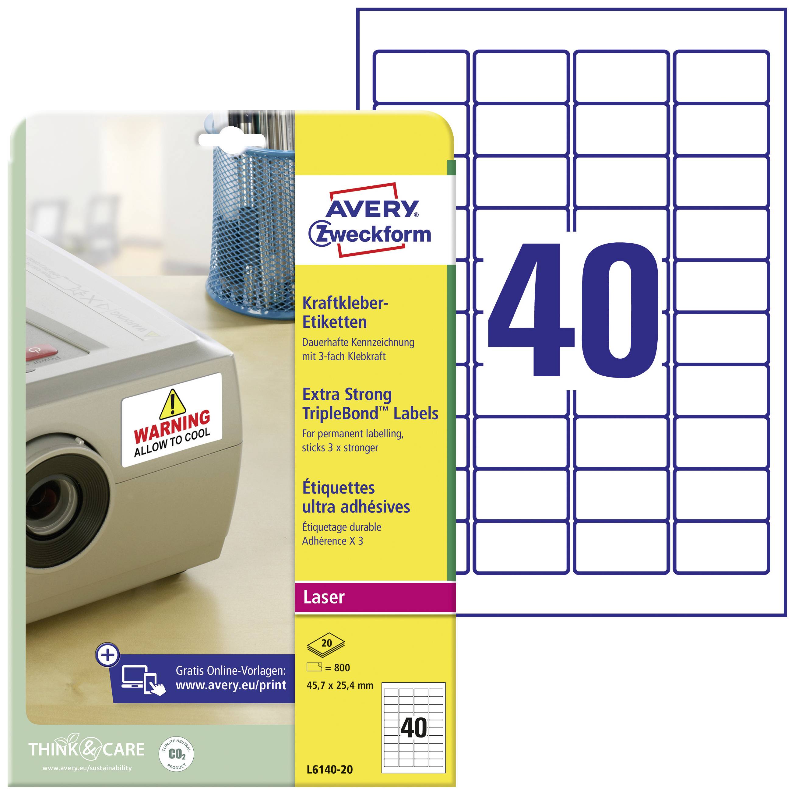 ZWECKFORM Avery TripleBond Labels L6140 - Permanentklebeetiketten - weiß - 25.4 x 45.7 mm - 800 Etik