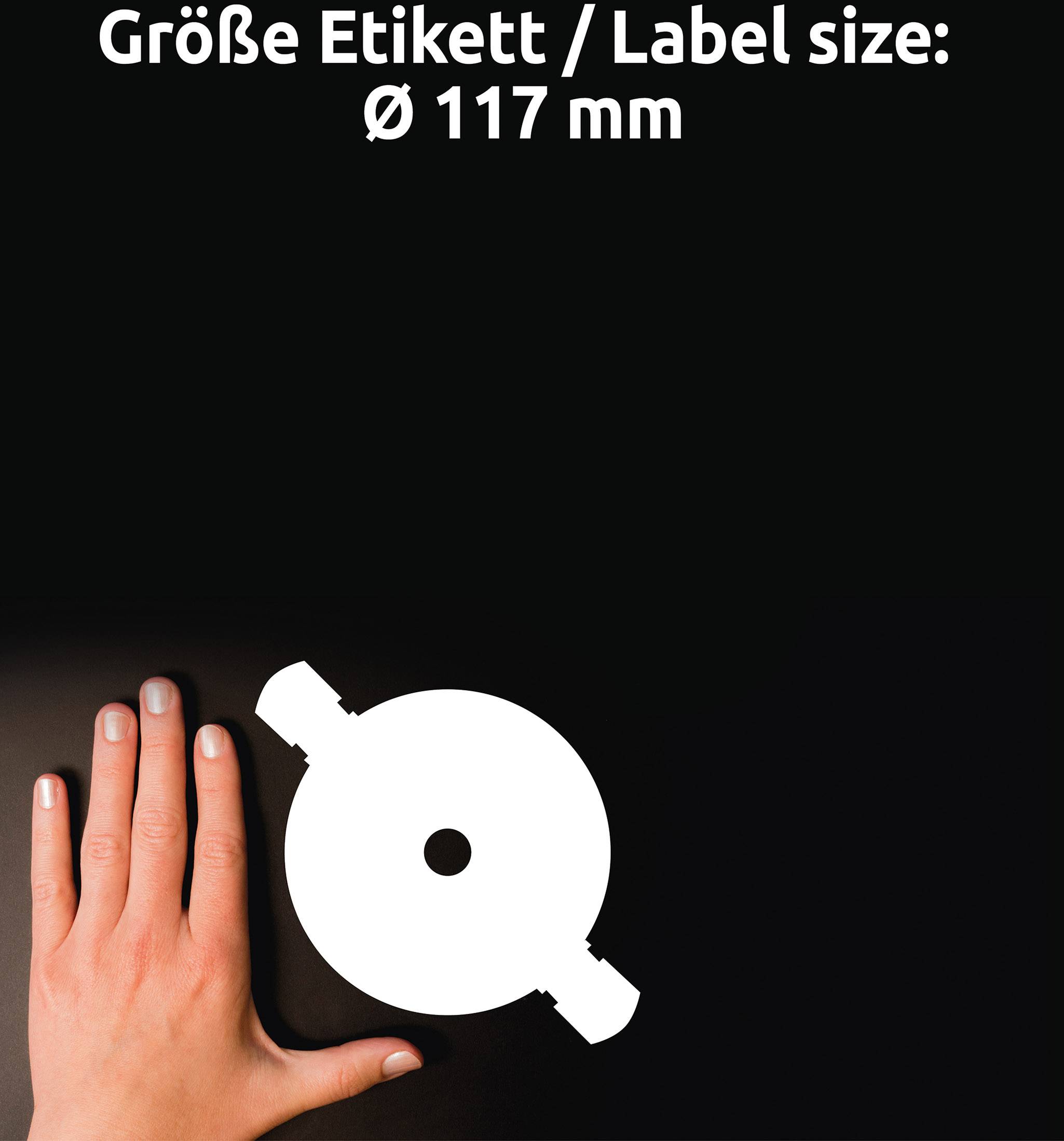 'Größe Etikett / Label size: Ø 117 mm' steht oben. Darunter eine Hand neben einer weißen kreisrunden Etikett-Silhouette.