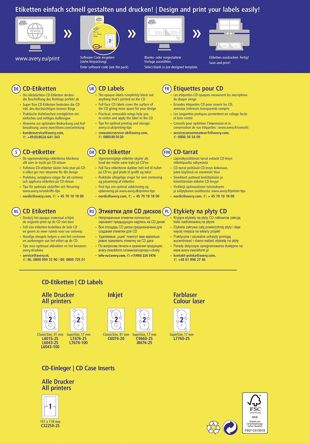 'CD-Etiketten' Produktinformationen in mehreren Sprachen auf gelbem Hintergrund. Enthält Details zur Druckkompatibilität und Kontaktinformationen.