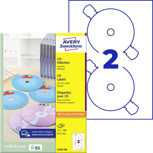 Avery-Zweckform L7676-100 CD-Etiketten Ø 117 mm Papier Weiß 200 St. Permanent haftend Tintenstrahldrucker, Laserdrucker, Farblaserdrucker, Kopierer, Farbkopierer, Handbeschriftung