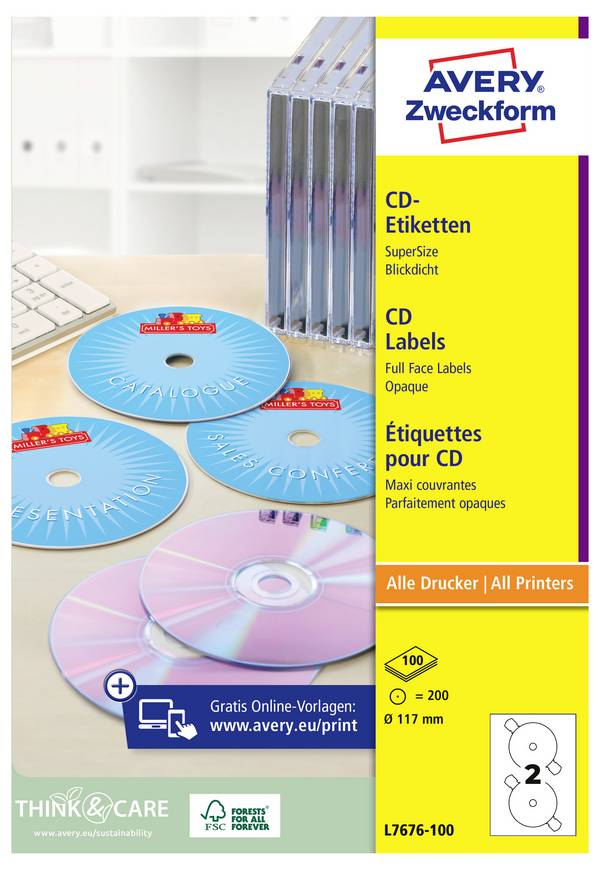 Avery-Zweckform L7676-100 CD-Etiketten Ø 117 mm Papier Weiß 200 St. Permanent haftend Tintenstrahldrucker, Laserdrucker, Farblaserdrucker, Kopierer, Farbkopierer, Handbeschriftung