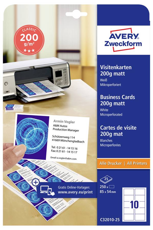 Avery-Zweckform C32010-25 Bedruckbare Visitenkarten, microperforiert 85 x 54 mm Weiß 250 St. Papierformat: DIN A4