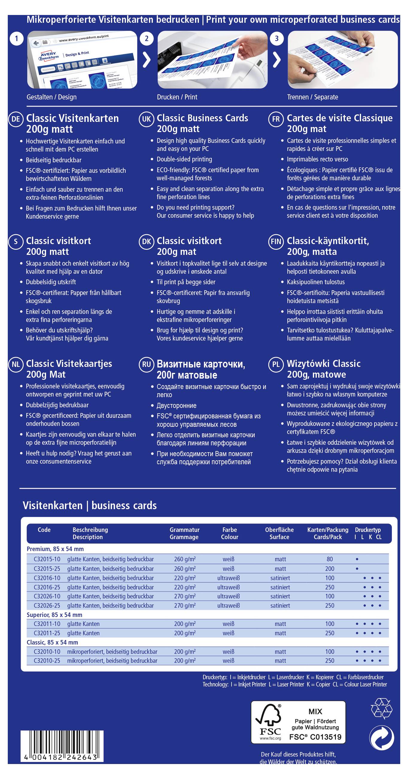 Blaues Produktplakat für gedruckte Visitenkarten mit Musterkartenbildern, mehrsprachigen Optionen für "Klassische Visitenkarten" und eine Spezifikationstabelle mit Größen, Oberflächen und Preisen.