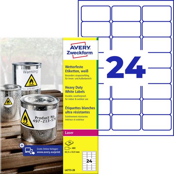 Avery-Zweckform L4773-20 Folien-Etiketten 63.5 x 33.9 mm Polyester-Folie Weiß 480 St. Permanent haftend Farblaserdrucker, Laserdrucker, Farbkopierer, Kopierer, Handbeschriftung