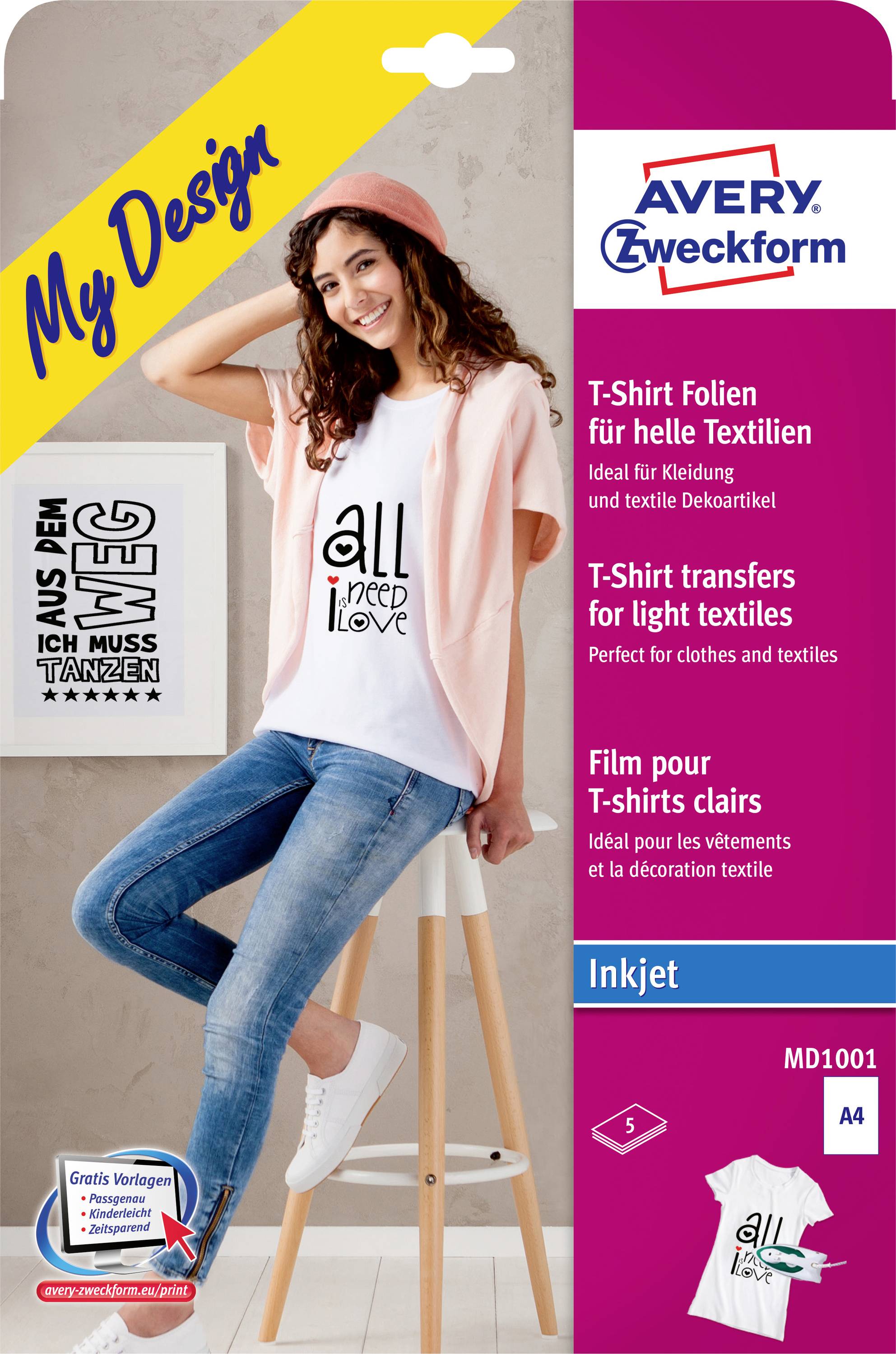 Avery-Zweckform My Design T-Shirt MD1001 Tintenstrahl Textilfolie DIN A4 für helle Textilien, Optimiert für Tintenstrahl 5 Blatt