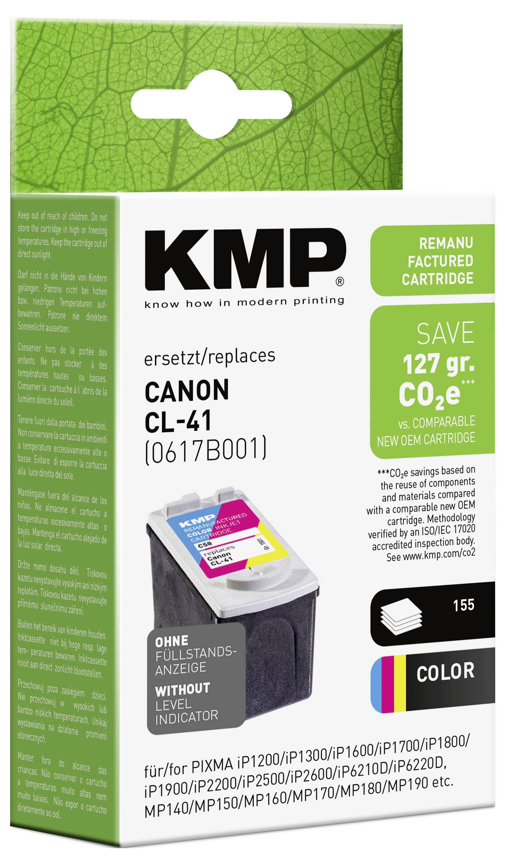 KMP Ersatz-Tintenpatrone für Canon CL-41, gekennzeichnet mit „SPAREN 127 gr. CO2e", „FARBE", und kompatibel mit PIXMA-Druckermodellen.