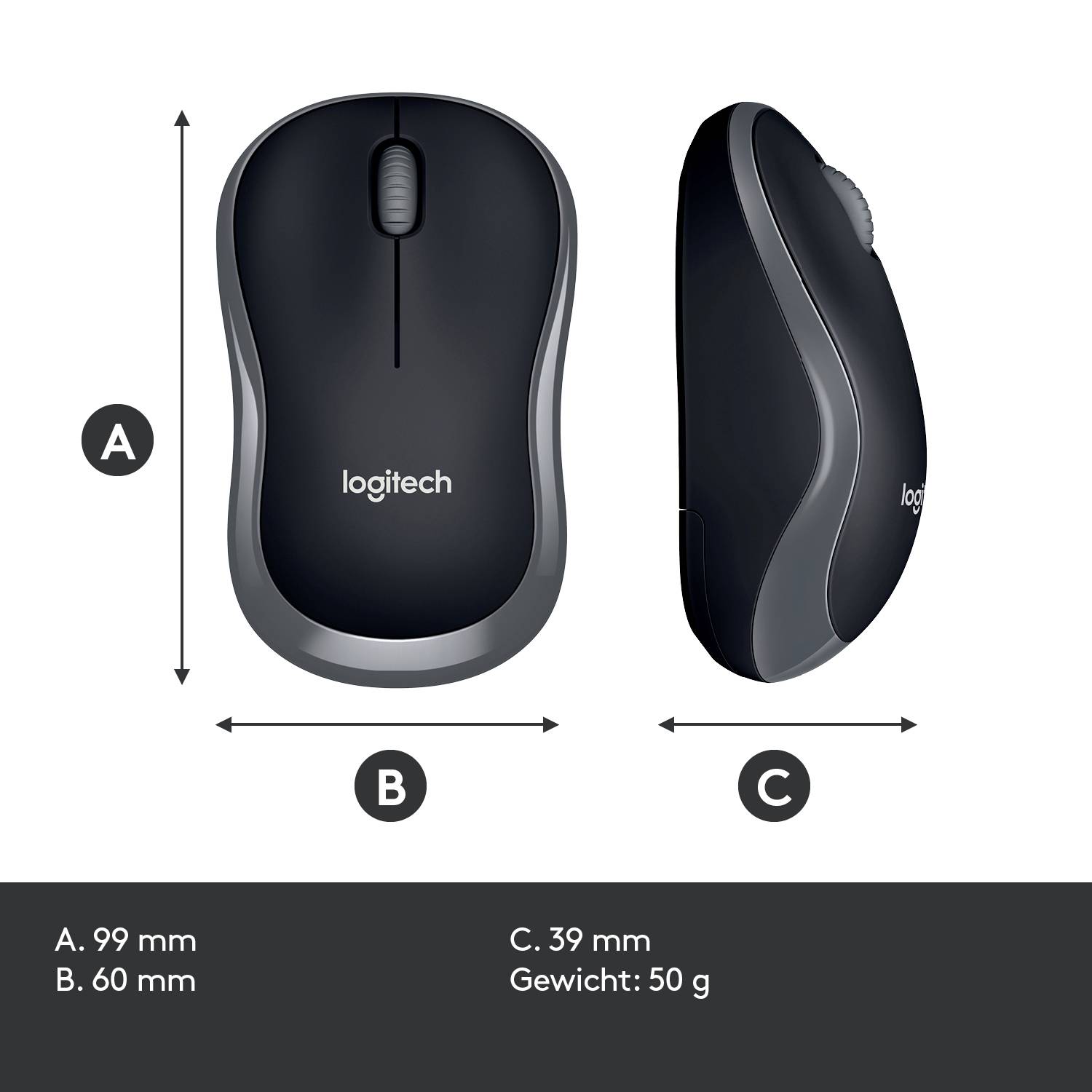 Schwarze kabellose Maus mit Logitech-Logo; Maße: Höhe 99 mm, Breite 60 mm, Tiefe 39 mm; Gewicht: 50 g; Abbildung von oben und Seite.