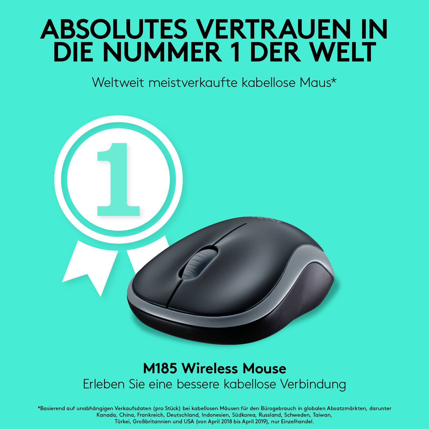 'Absolutes Vertrauen in die Nummer 1 der Welt. M185 Wireless Mouse. Erleben Sie eine bessere kabellose Verbindung.' Ein Bild einer kabellosen Maus.