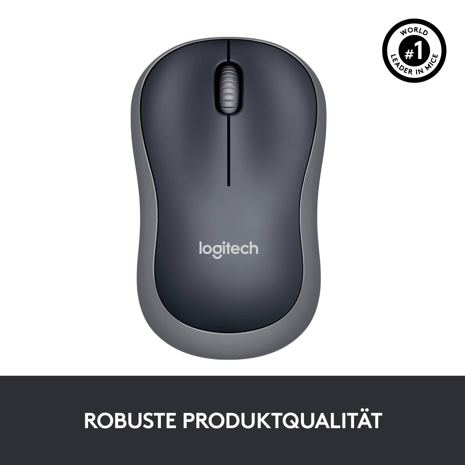 Drahtlose graue Logitech-Maus, oberhalb das Logo, darunter der Text 'Robuste Produktqualität'. Kreis-Icon rechts mit '#1'.