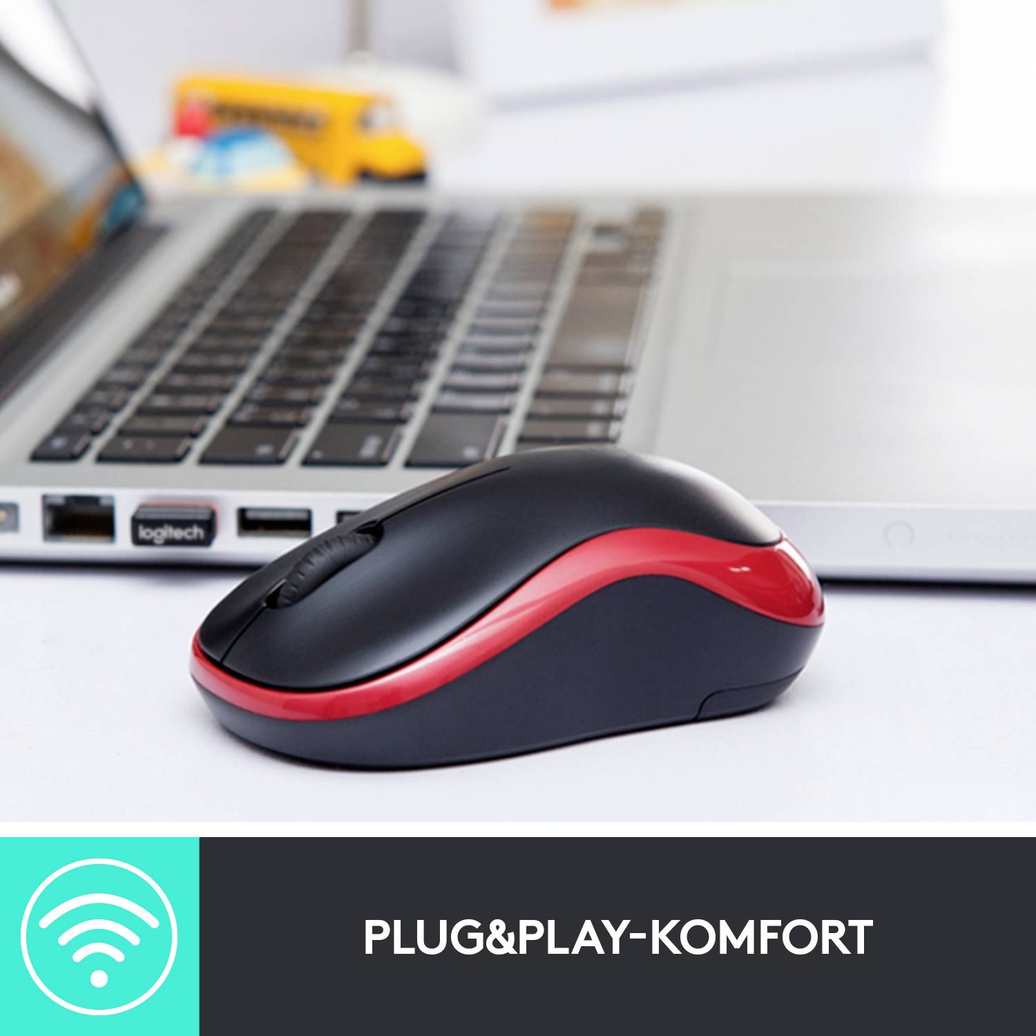 Kabellose Maus neben einem Laptop, prominent auf glatter Oberfläche präsentiert. Text darunter: 'Plug&Play-Komfort'.