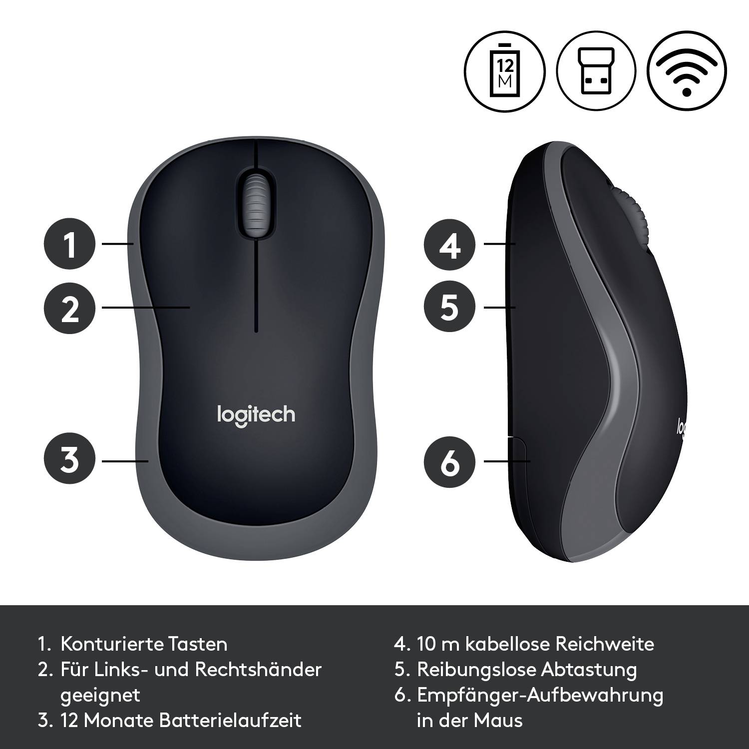 Logitech M185 Maus Funk Optisch Grau 2 Tasten 1000 dpi-8