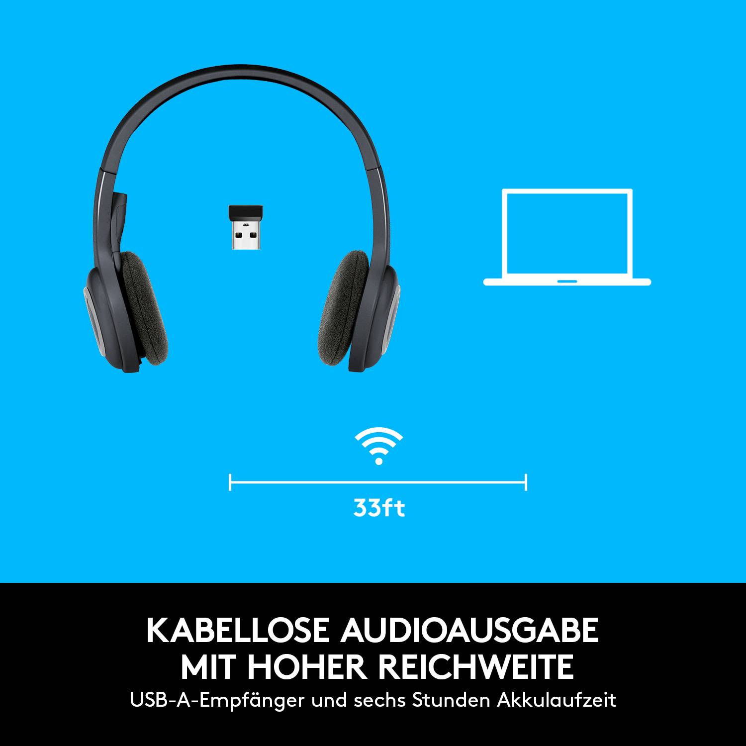 'Kabellose Audioausgabe mit hoher Reichweite', Kopfhörer und Laptop mit USB-Adapter, Reichweite bis 33ft, sechs Stunden Akkulaufzeit.