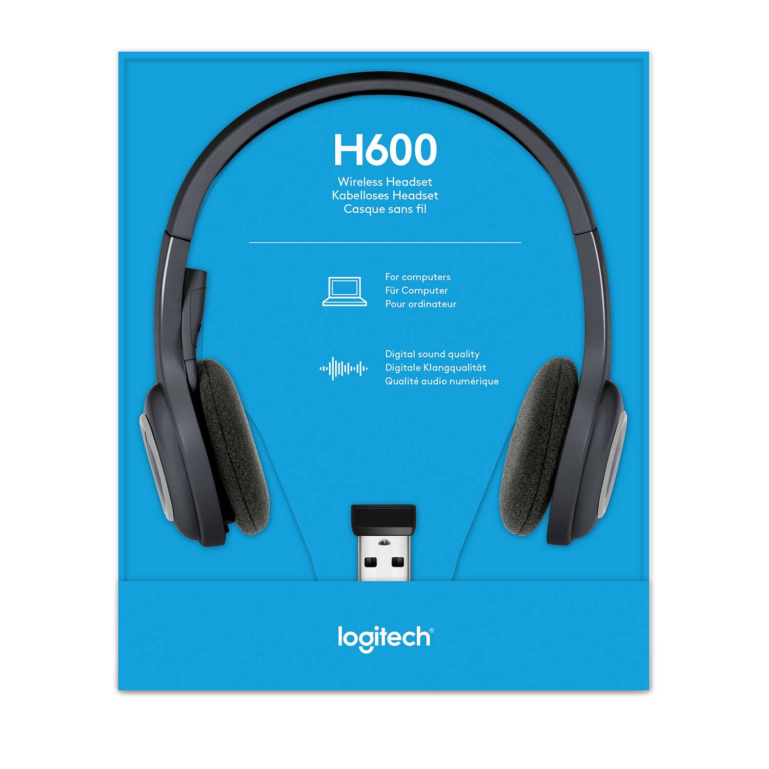 Kabelloses Headset Logitech H600 auf blauem Hintergrund, mit USB-Empfänger. Bietet digitale Klangqualität. Geeignet für Computer.