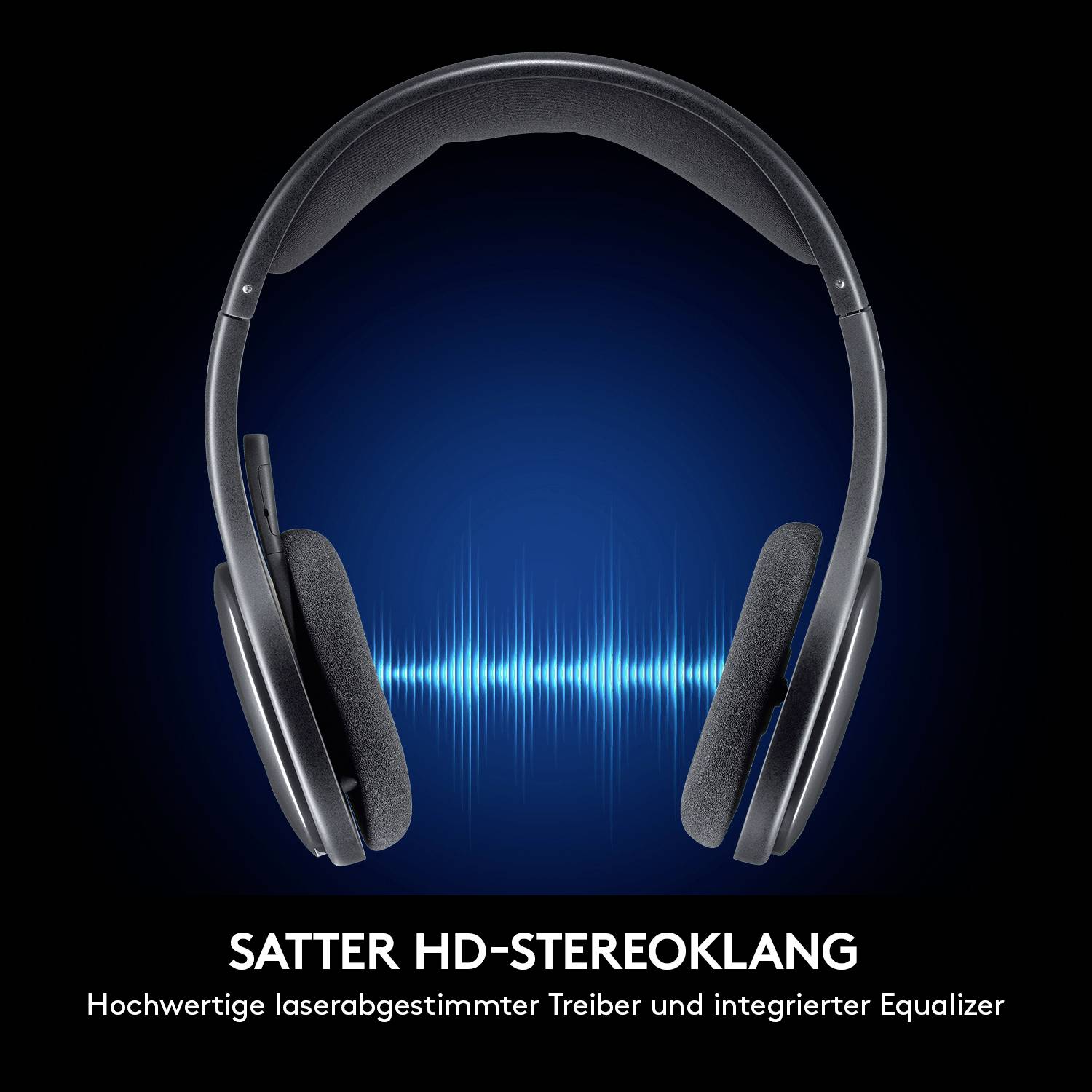 'Schwarze Kopfhörer mit Text: Satter HD-Stereoklang. Hochwertige lasergestimmte Treiber und integrierter Equalizer.'