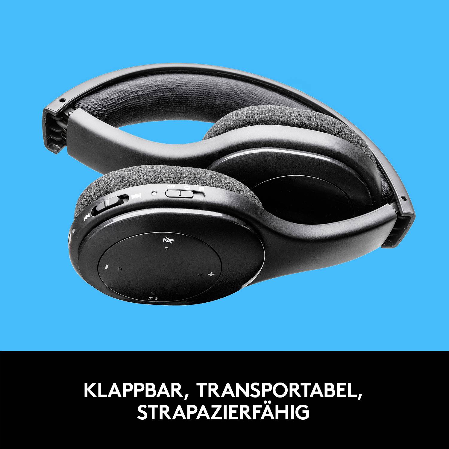 Kopfhörer mit schwarzen Ohrmuscheln und Polsterung, vor blauem Hintergrund. Text darunter: 'Klappbar, transportabel, strapazierfähig'.