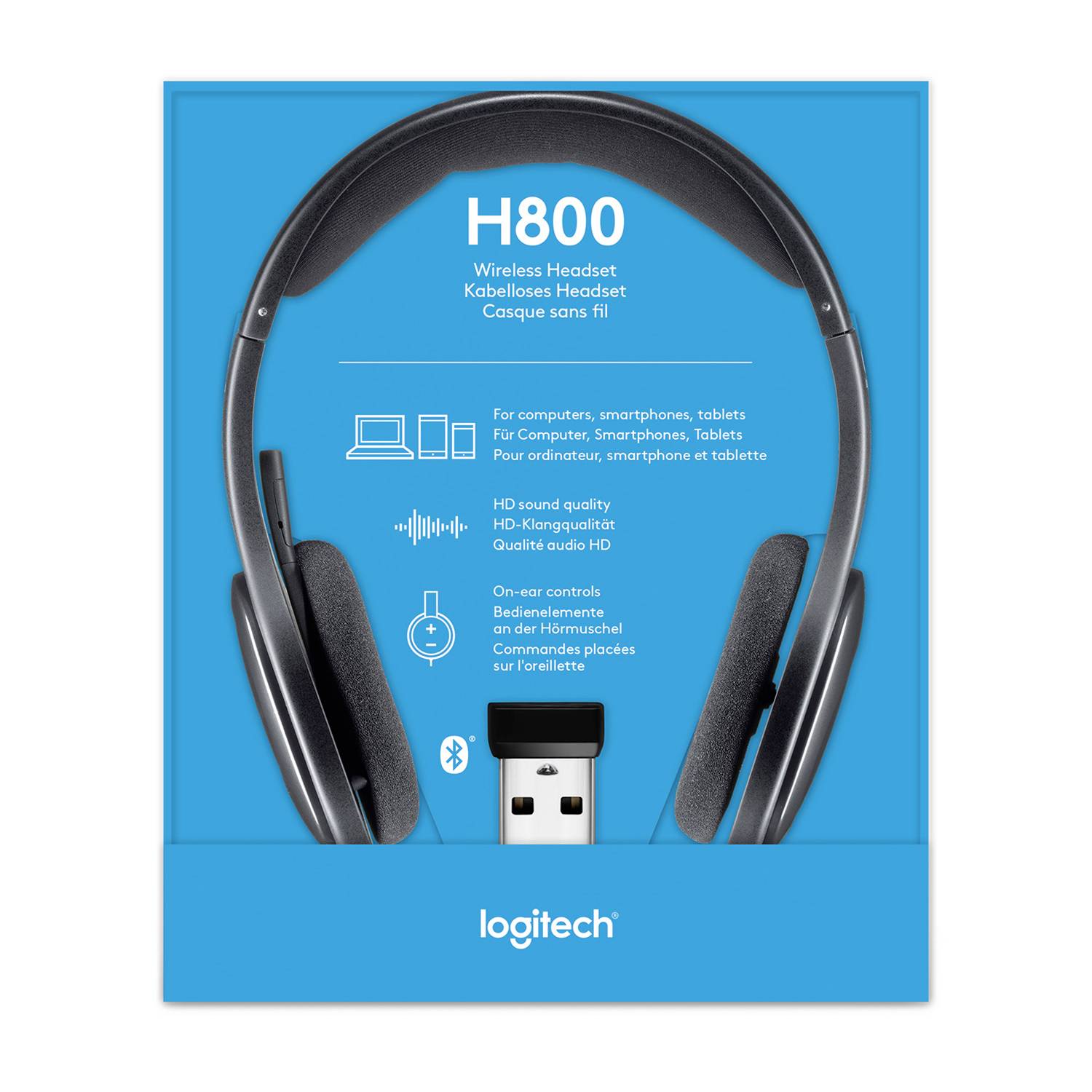 'Logitech H800 Wireless Headset' auf blauem Hintergrund mit Bild von Kopfhörern und USB-Empfänger. Text beschreibt Kompatibilität mit Computern und Mobilgeräten.