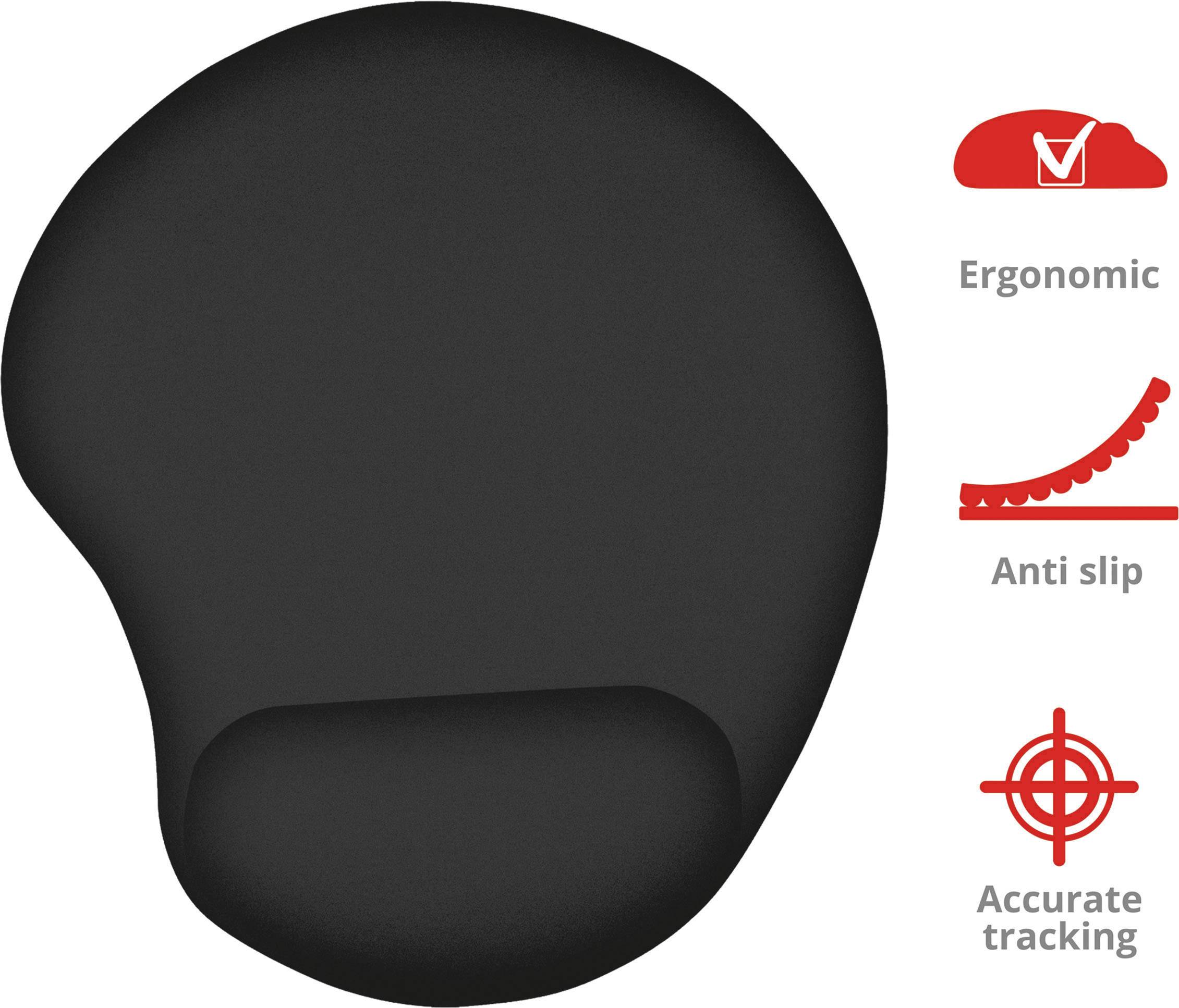 Schwarzes, ergonomisches Mauspad mit Handgelenkauflage. Eigenschaften: rutschfest, präzise Nachverfolgung, ideal für komfortables Arbeiten.
