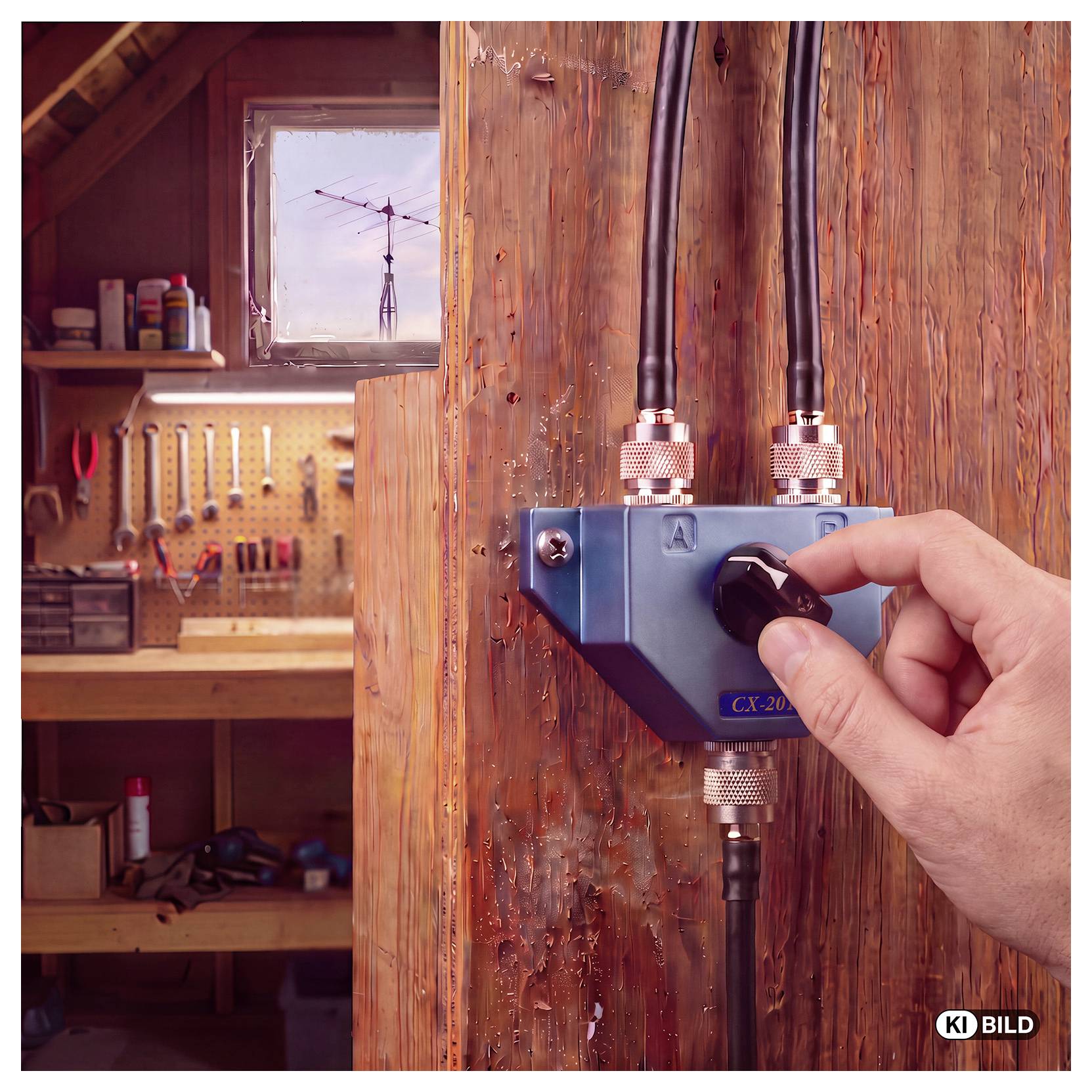 Eine Hand dreht einen Knopf an einem blauen elektronischen Gerät, das an einem Holzpfosten in einer Werkstatt befestigt ist.