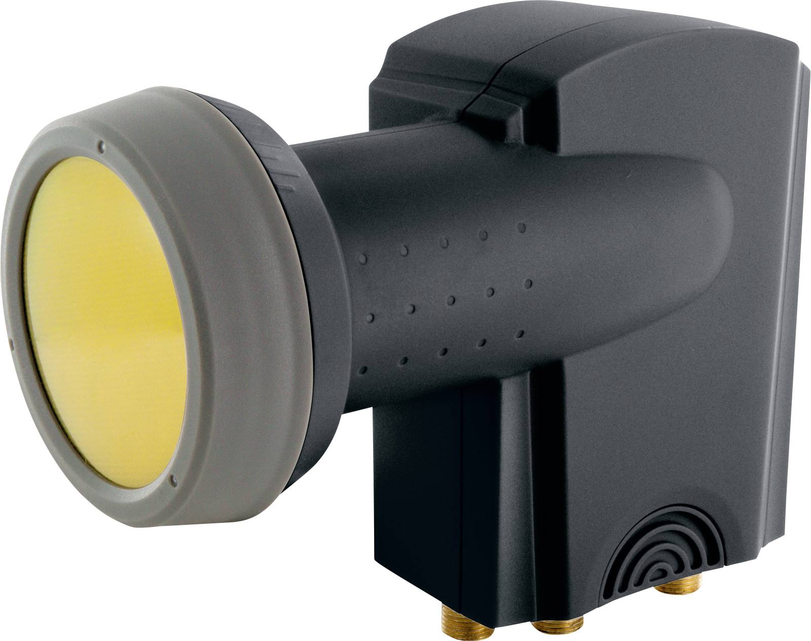 Ein schwarzes und graues LNB (Low Noise Block Converter) für Satellitenschüsseln mit gelber Schutzkappe. Geeignet für TV-Empfang.