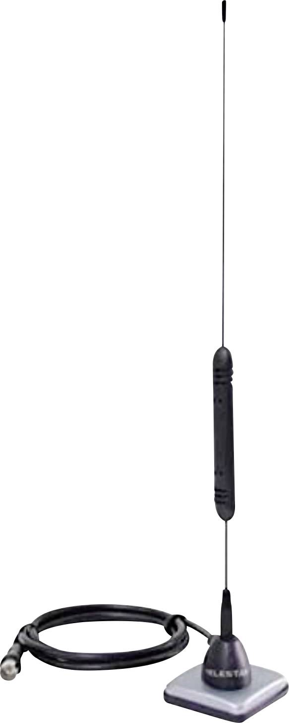 Hohe, schlanke Funkantenne mit schwarzer Basis und angeschlossenem Kabel, für Kommunikationszwecke konzipiert.