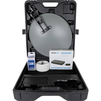Tragbares Satelliten-Empfängerset mit einer Schüssel, HD-Receiver, LNB, Kabel und Komponenten, alles in einem schwarzen Transportkoffer verstaut.