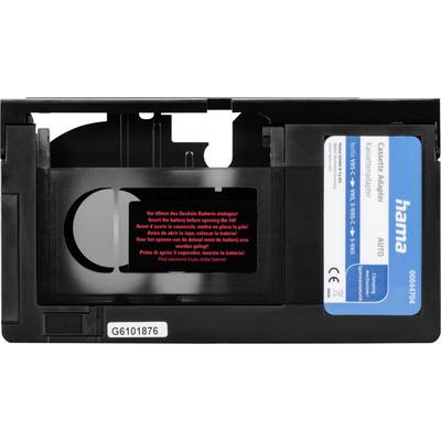 Kassettenspieler-Adapter mit Warnhinweis, Bedienungsanleitung 'Batterie einlegen' und blauer Rechteckmarkierung mit Herstellerlogo.