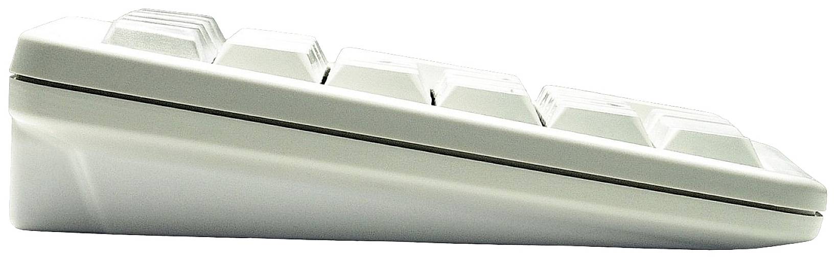 Eine seitliche Ansicht einer weißen Computertastatur, die eine abgewinkelte Form mit erhöhten Tasten zeigt.