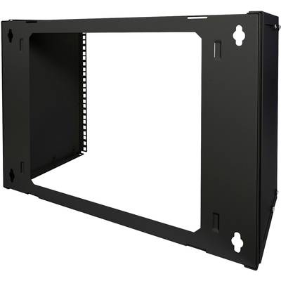 Schwarzes, rechteckiges Metallgestell zur Wandmontage von IT- oder Netzwerktechnik, mit Öffnungen für Kabelmanagement.