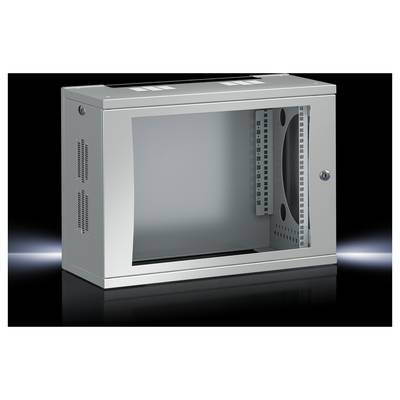 Silbernes, wandmontierbares Rack-Gehäuse mit Glastür, zur Unterbringung von IT-Geräten, mit Lüftungsschlitzen an den Seiten.
