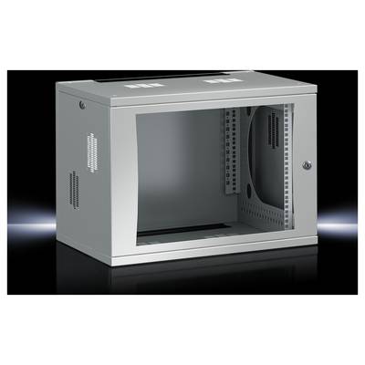 Graues, leeres Wandgehäuse aus Metall mit Seitenlüftungsschlitzen und Fronttür, geeignet zur Aufbewahrung von Netzwerktechnik.