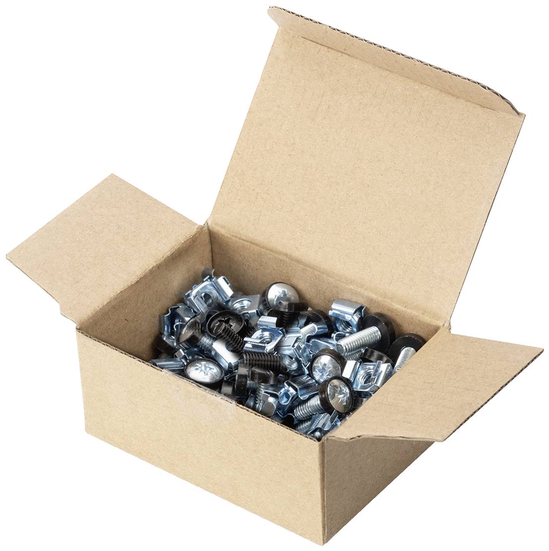 Ein offener Karton, randvoll mit verschiedenen Schrauben und Muttern.